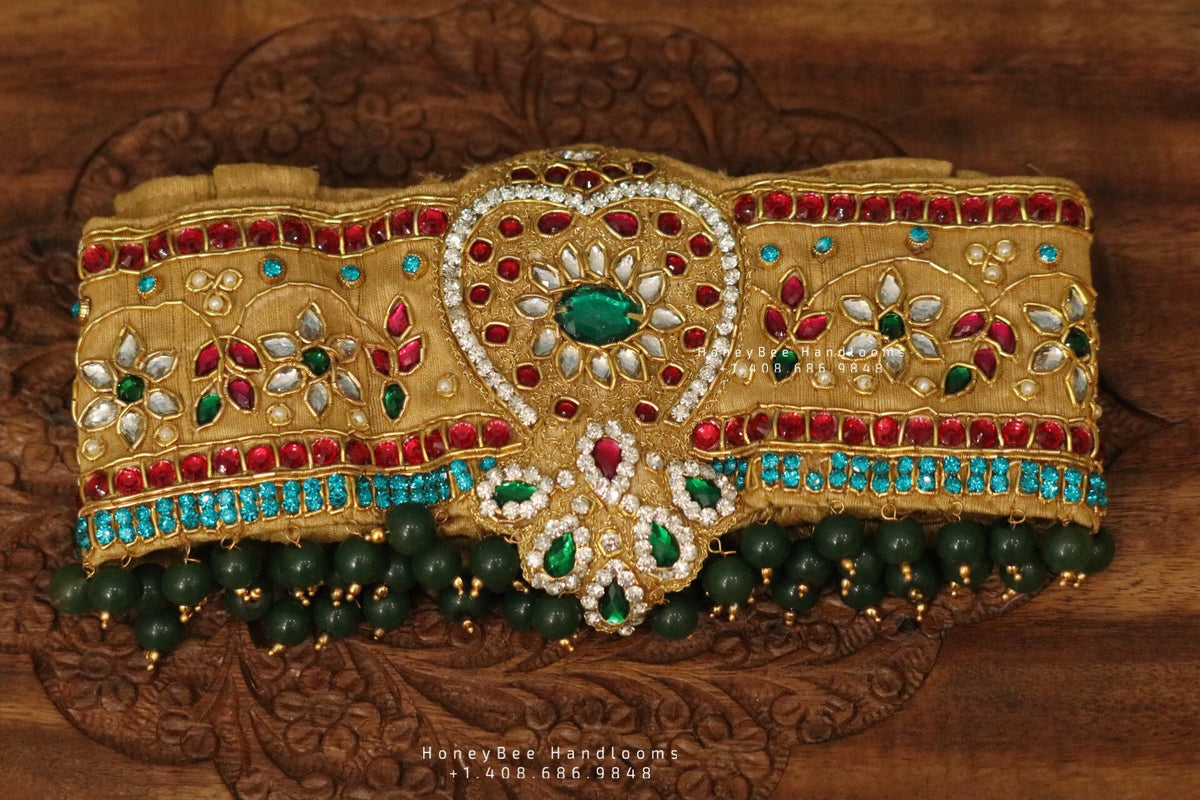 Saree belt maggam work belt lakshmi pendant vaddanam waist belt design –  Nihira
