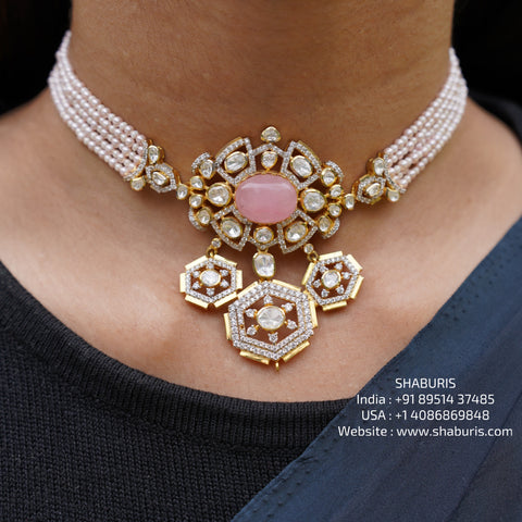 Polki Diamond necklace Pure Silver jewelry Indian diamond Necklace silver jewelry -SHABURIS