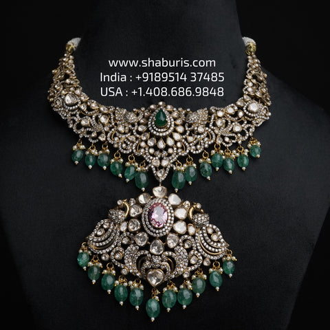 Victorian Diamond necklace silver necklace 925 silver with 22k gold plated - SHABURIS