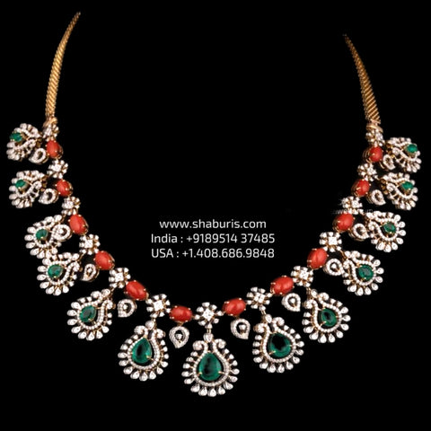 Coral Necklace Diamond necklace silver necklace 925 silver with 22k gold plated - SHABURIS