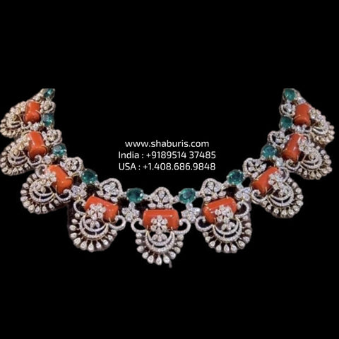 Coral Necklace Diamond necklace silver necklace 925 silver with 22k gold plated - SHABURIS