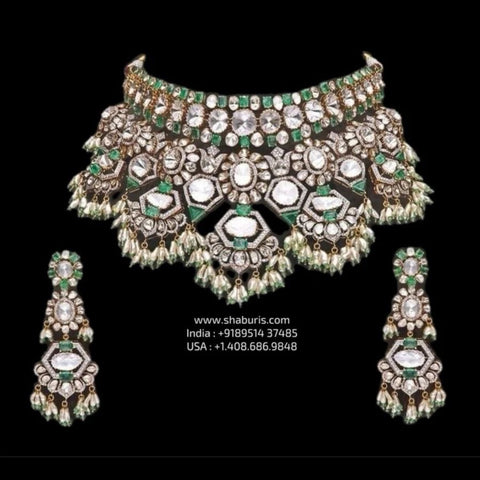 Polki necklace silver necklace 925 silver with 22k gold plated - SHABURIS