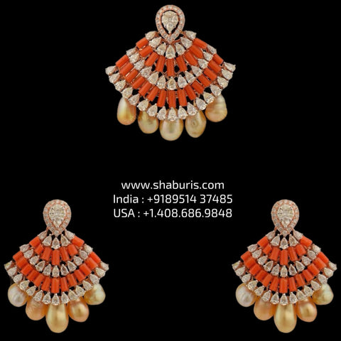 Coral pendant Diamond necklace silver necklace 925 silver with 22k gold plated - SHABURIS