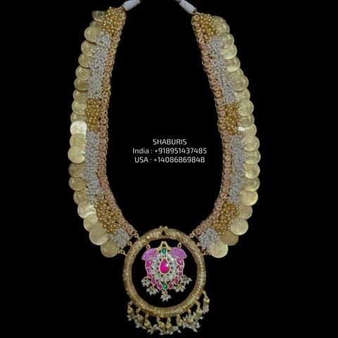 925 Silver Jewelry Kasu Mala Kasu Haram Kasu Necklace Guttapusalu Clustered Pearls Bridal Necklace South Indian Jewelry -SHABURIS