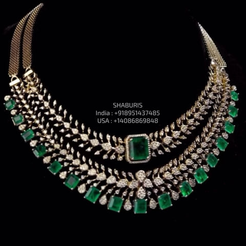 Emerald Set diamond necklace 925 silver jewelry 22k gold plated - SHABURIS