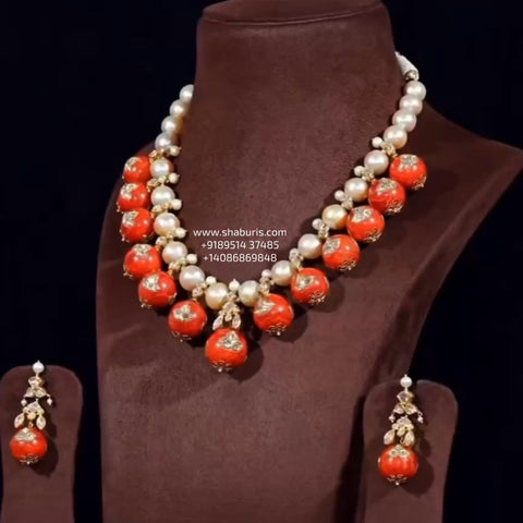 Coral necklace wedding jewelry silver necklace 925 silver with 22k gold plated - SHABURIS