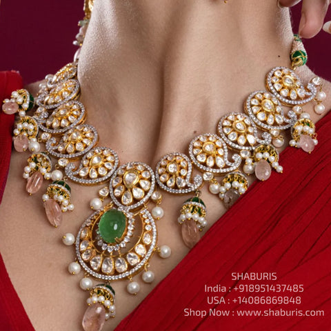 Polki necklace Silver necklace 925 silver with 22k gold plated- SHABURIS