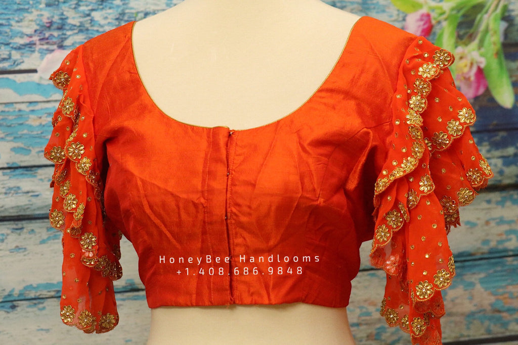 Saree Blouse Silk Blouse Ruffle Sleeve Blouse Indian Saree Blouse Stitched Saree Blouse Honeybee Handlooms