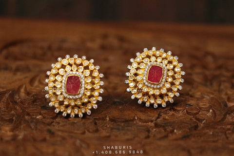 Ruby stud,polki stud,polki diamond jewelry in silver,big studs,indian jewelry,statement jewelry-SHABURIS