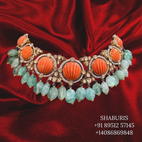 Polki Diamond and emerald long chain with coral pendant - Indian Jewellery  Designs