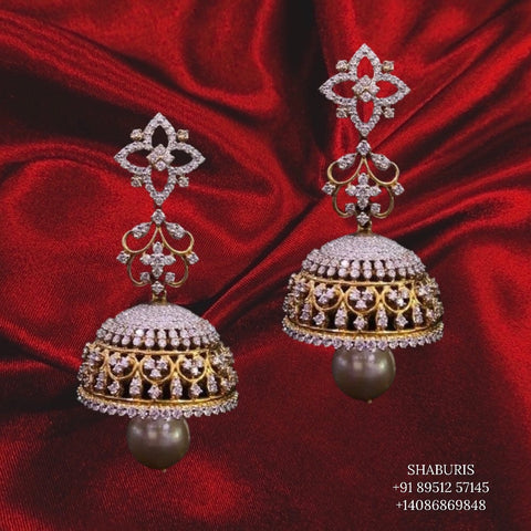 Diamond Jhumka,diamond chandbali,diamond earrings indian,detatchable diamond jhumka,swarovski diamond jhumka,chandbali earrings,silver