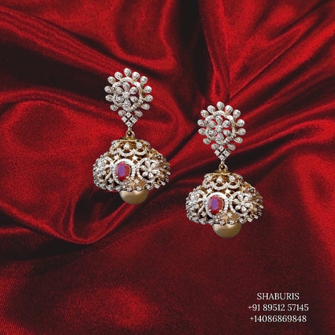 Diamond Jhumka,flat diamond studs ,diamond earrings indian,ruby diamond jhumka,swarovski diamond jhumka,emerald earrings,silver