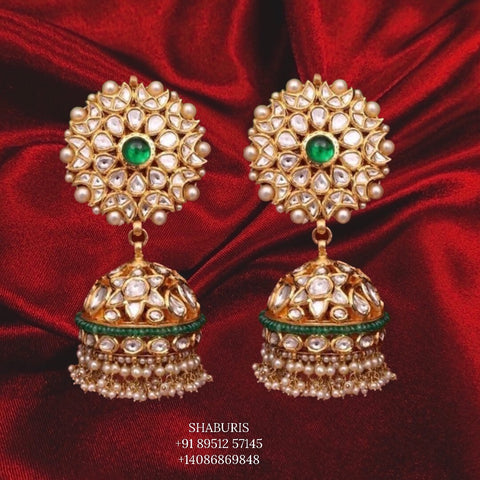 Gold Plated Pure Silver jewelry Indian,diamond  jhumka,gold Jewelry,polki jhumka,Indian Bridal,Indian Wedding Jewelry-NIHIRA-SHABURIS