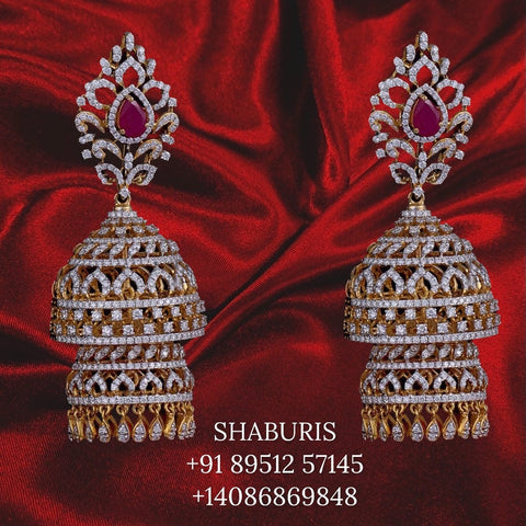 Diamond hanging earrings, diamond jhumka ear ring,Pure silver south indian jewelry 925 silver jewelry indian lyte weight jewelry-SHABURIS