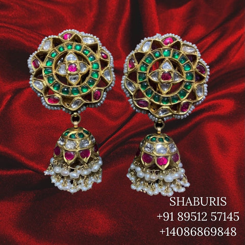 Kundan hanging earrings, diamond jhumka ear ring,Pure silver south indian jewelry 925 silver jewelry indian lyte weight jewelry-SHABURIS