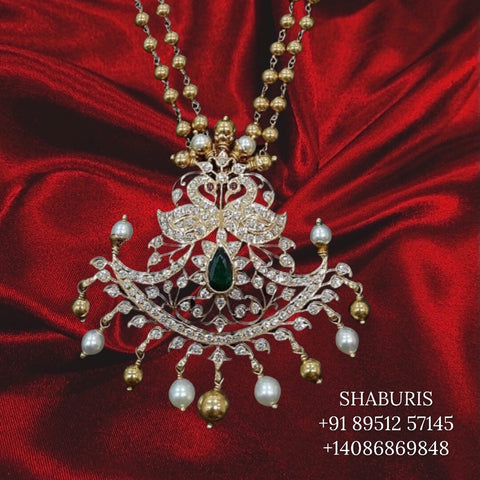 Diamond Pendant indian,South Indian jewelry,Pure silver diamond pendent,swarovski Pendent,Indian Wedding Jewelry -NIHIRA-SHABURIS