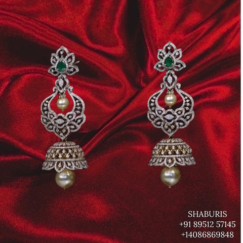 Diamond hanging earrings, diamond jhumka ear ring,Pure silver south indian jewelry 925 silver jewelry indian lyte weight jewelry-SHABURIS