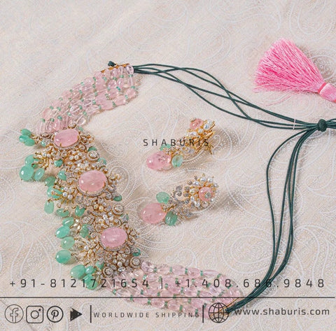 Polki Jhumka Diamond Necklace Coral Necklace Morganite Beads Corals Tanzanites Emeralds Swarovski Diamond Necklace Silver Jewelry - SHABURIS