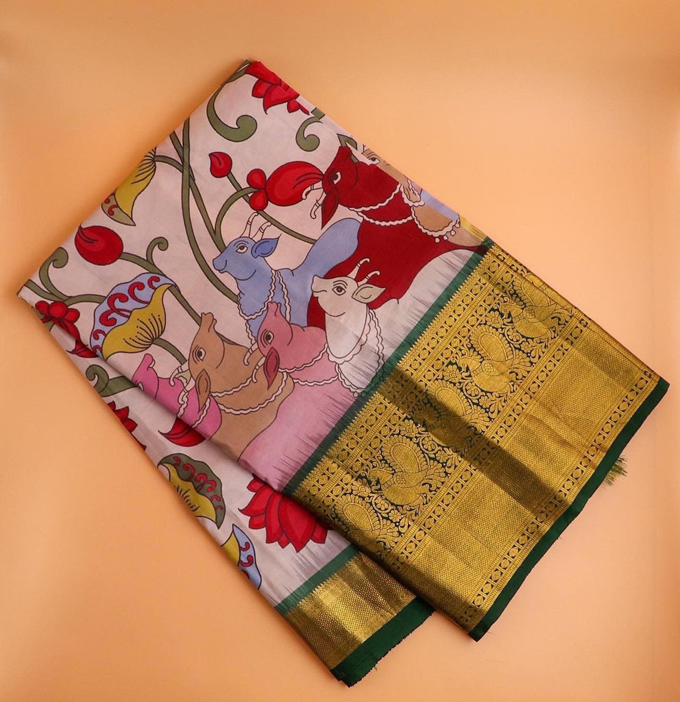 Hand Painted Pen Kalamkari on a Pure Silk Kanchi Saree - Etsy India