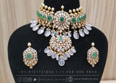 Moissanite necklace floride beads emeralds bridal diamond necklace indian jewelry designs silver jewelry wedding jewelry - SHABURIS