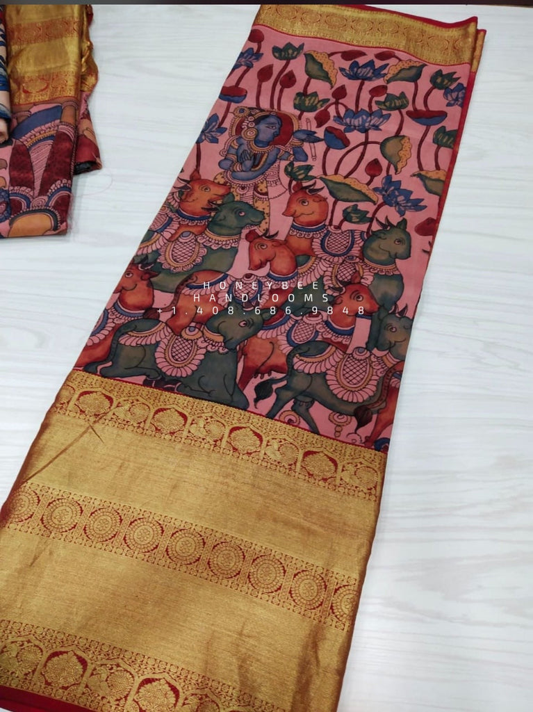 Kalamkari Saree with Red Kanchi Pattu Silk Border | TST | The Silk Trend